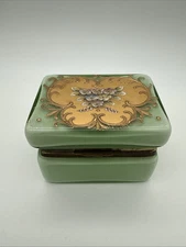 VTG Glass Hand Painted Green opaline casket box Germany~Cracked Corner See Photo