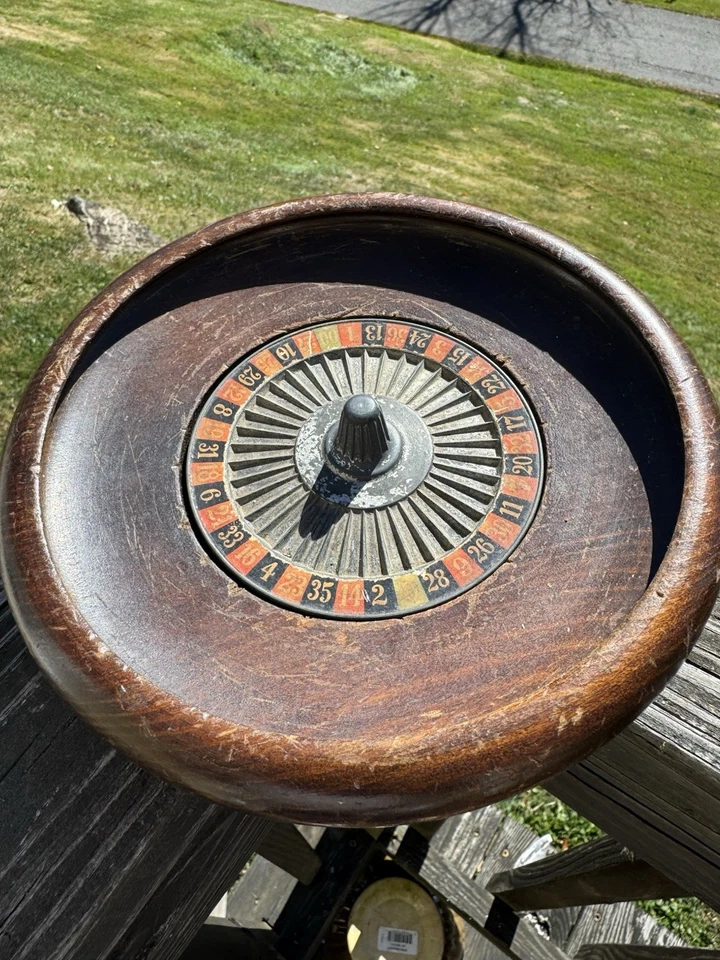 "Rueda de ruleta de madera vintage de mediados de siglo giratoria de metal juego de casino de 9""" Foto 2 de 4