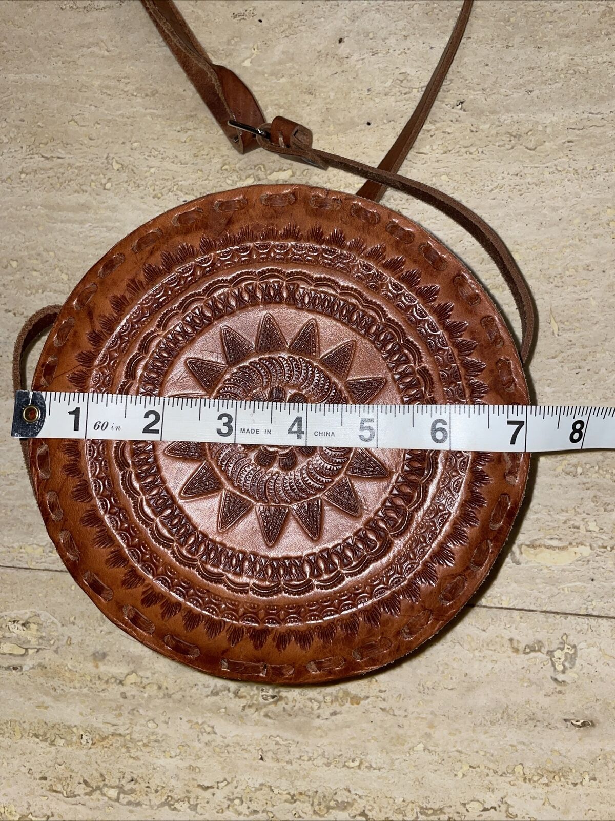Leather Crossbody Handbag Circular Hand Tooled Ha… - image 7