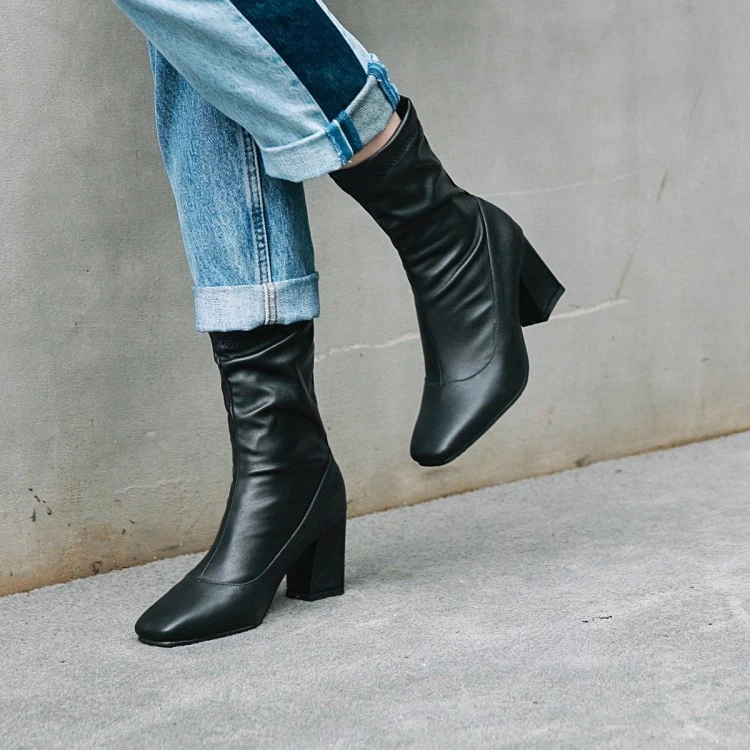 Women Short Boots Elegant Block High Heels Ankle Booties Square Toe Casual Shoes