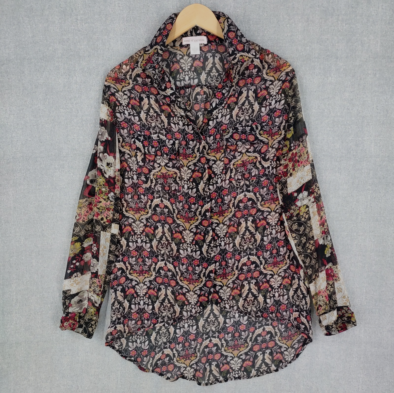 Bohemian Paisley Chiffon Top with Sheer Sleeves and Pocket