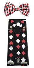 Unisex Clip-on White "Playing Card" Adjustable Bow tie  Suspender Set