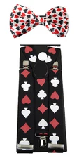 Unisex Clip-on White "Playing Card" Adjustable Bow tie & Suspender Set