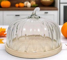 Pottery Barn Glass Pumpkin Cloche W/Wood Pedestal 11" NWT Autumn Thanksgiving