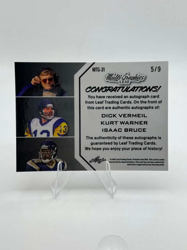2024 Leaf Eclectic Dick Vermeil Kurt Warner Isaac Bruce Trio Red Auto 5/9 SP 🔥 - Image 2 of 2