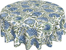 Blue Sage Green Floral Round Tablecloth 70 Inch Chinoiserie Flower Table Cloth V