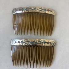 Navajo Indian Stamped 2-3  Hair COMBS Turquoise Coral Native American STERLING