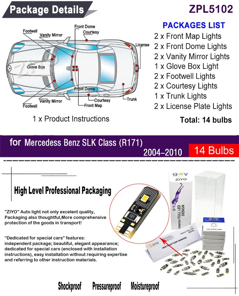 Комплект из 14 светодиодных ламп для салона Mercedes Benz класса SLK R171 модернизация - Изображение 2 из 4