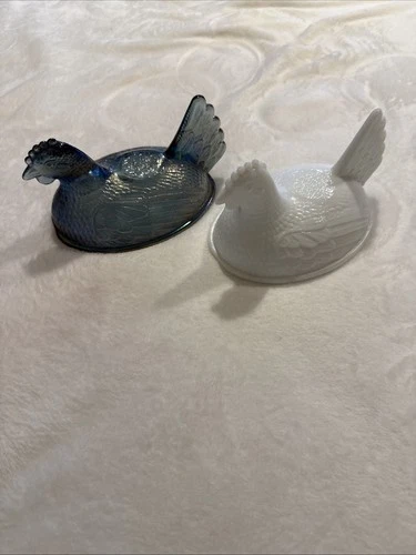 Vintage Hen on Nest Lid Bundle Blue Carnival Glass & White Milk Glass Tops Only