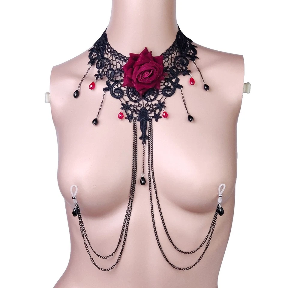 Gothic Lace Choker Necklace,Non Piercing Nipple Jewelry Body Chains for Men Wome - Image 1 of 1