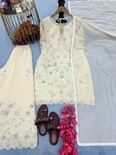 Indian Style Off White Faux Georgette Kurta Palazzo With Dupatta For Wedding