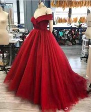 Dark Red Tulle Ball Wedding Dresses Off Shoulder Sleeveless A-line Bridal Gowns