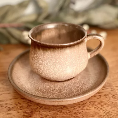 Vintage Denby Langley Stoneware Pottery Romany Brown Flat Cup & Saucer Set Speck