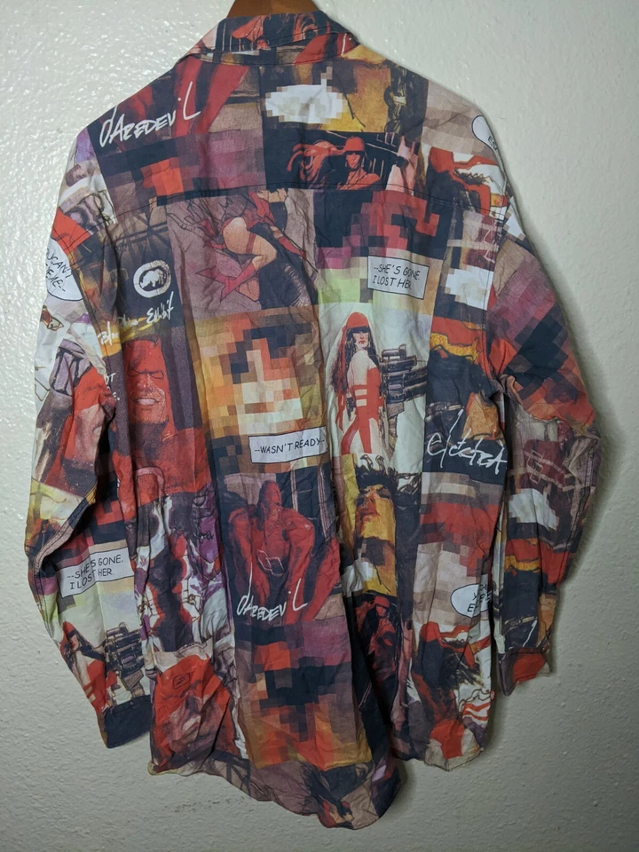 Y2K ECKO DAREDEVIL Comic All over Print Newspaper Button Up Shirt Men XXL Cotton - Image 2 of 4