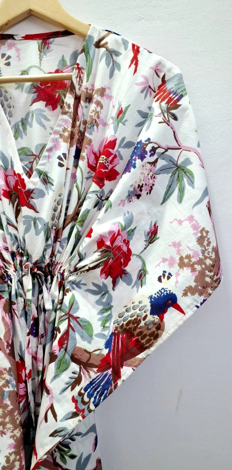 OFF WHITE Maxi abito donna lungo in caftano stampa uccellino bianco sporco loungewear