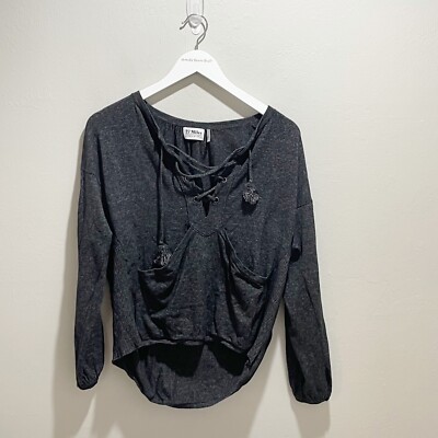27 MILES Women s Charcoal Gray Lace Up Front Kangaroo Pocket Sweater Size S