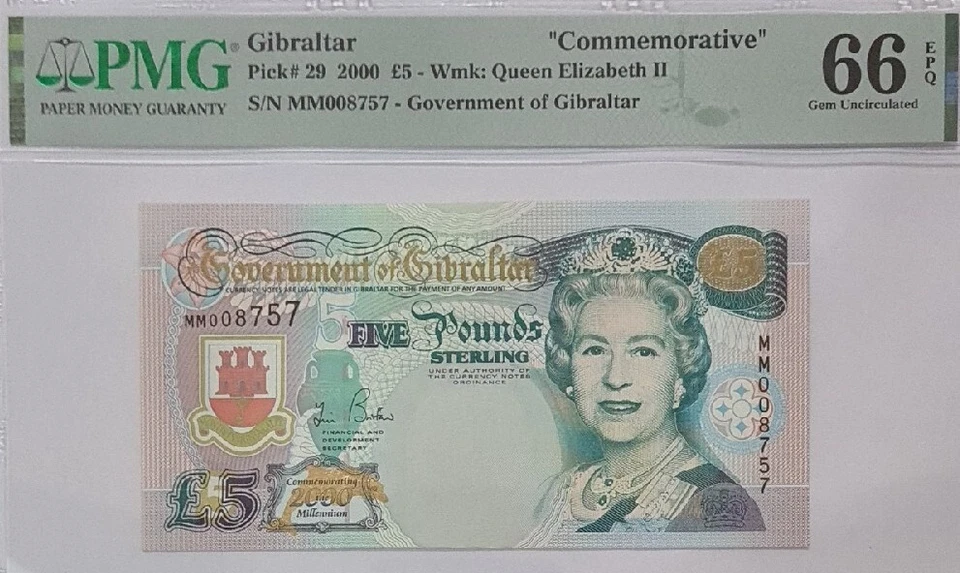 2000 GIBRALTAR "COMMEMORATIVE" £5 PMG66 EPQ GEM UNC【P-29】@Low S/N@ - Image 3 of 4