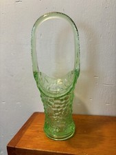 Vintage Green Vaseline Glass Basket w/Handle Raised Grape Vine Design