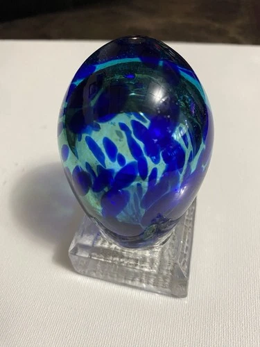 Blenko Hand blown Glass Turquoise Cobalt Blues Speckled Egg  3”