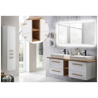 BadmöBel Set Weiß Keramik-Waschtisch Led-Touch-Spiegel Hochschrank Badezimmer