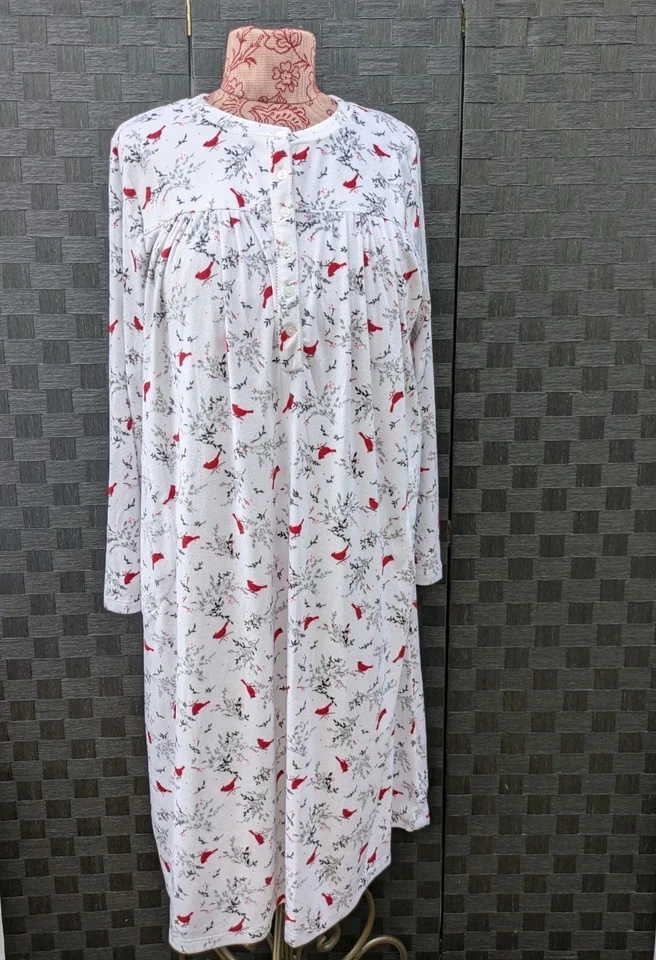NEW L Aria Collection Cardinal Birds White Nightgown Button Yoke Side Pockets - Image 2 of 4