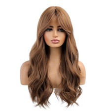 Synthetic Hair Soft Brown Long Wavy Layered Cosplay Party Wig With Bangs