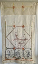 Vintage Embroidered White Linen Curtain/wall Hanging Dutch Boy Fishing 36 X20”