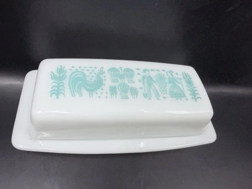 Vintage Pyrex Butter Dish Amish Butter Print Turquoise Great Condition Marked 32
