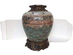 ANTIQUE LARCH HANDPAINTED PORCELAIN VASE WITH SOLID BRONZE RIME BASE JUMC 1897