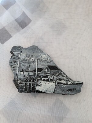 Signed Painted Stone Fine Art Ship 