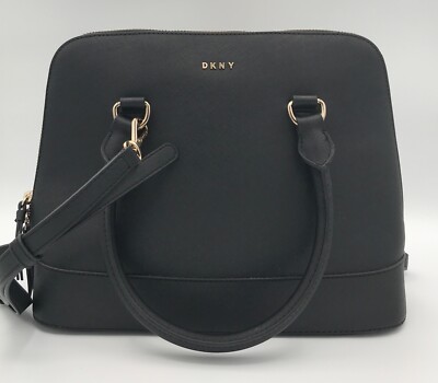 DKNY Bryant Convertible Strap Dome Satchel Handbag Black w/ Gold Tone Hardware