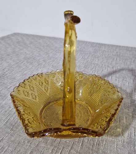 Vintage Amber Cut Glass Sweet Basket Bowl Handle Diamond Textured Pattern 6.2" - Picture 12 of 19