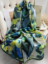 100% Silk Satin Scarf Women long neckerchief Shawl Wrap floral blue yellow G16-3