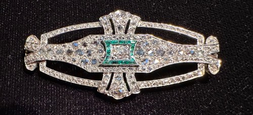 Platinum Antique ArtDeco Pin Old Mine & Rose Cut Diamonds & Rectangular Emeralds - Picture 11 of 14