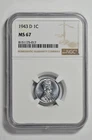 1943 D 1c Lincoln Steel Wheat Cent NGC MS 67 - No Toning or Spots