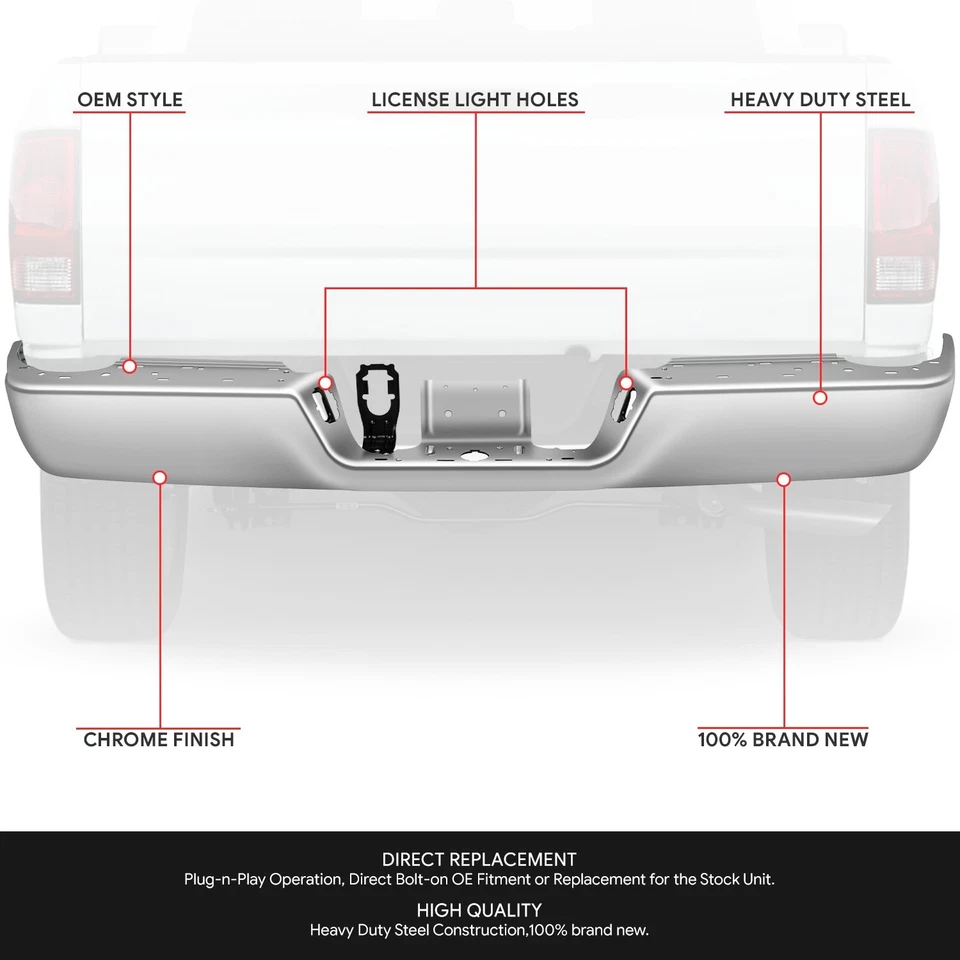 Barra frontal de parachoques trasero cromada clásica para camioneta Dodge Ram 1500 2009-2024 Foto 2 de 4