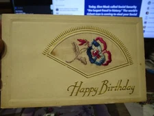 F25 Old VICTORIAN ERA HAPPY BIRTHDAY Postcard German Hand Sewn Embroidery Cloth
