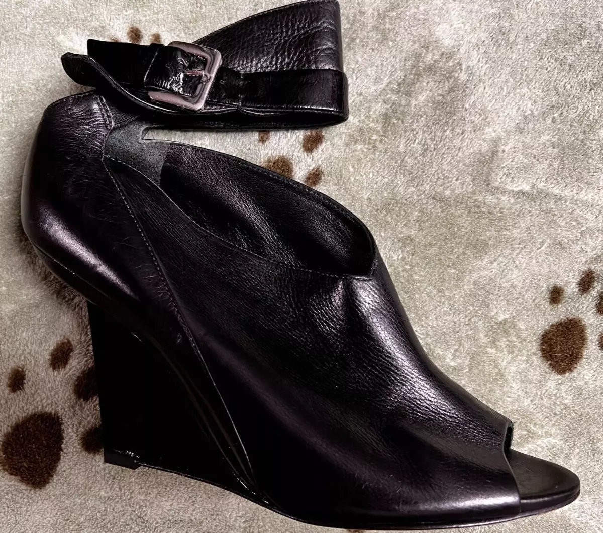 Camilla Skovgaard Wedge Peep Toe Ankle Strap Black Leather Patent Leather 38