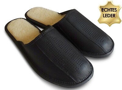 Herren LEDER Hausschuhe Pantoffeln schwarz, gefüttert mit