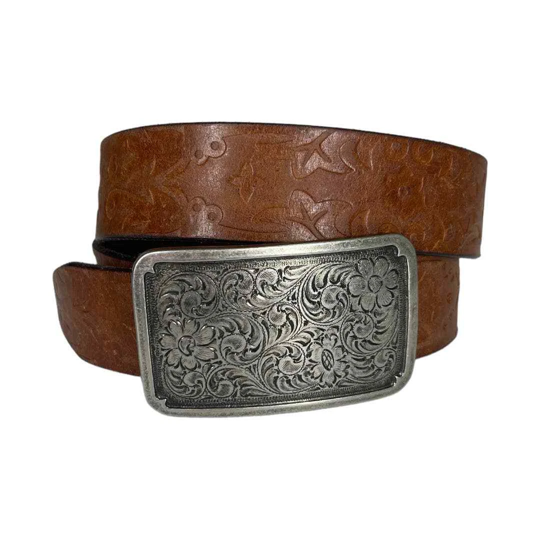 Vintage 90s Fossil Brown Tooled Leather Belt Big Buckle Small Boho Western