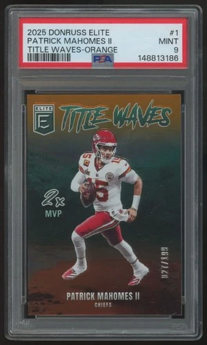 2025 Donruss Elite Patrick Mahomes II Orange Title Waves /199 #1 PSA 9