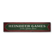Reindeer Games, Custom Family Last Name - Rustic Distressed Wood Sign