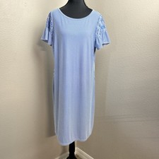 Talbots Dress Women's Large Blue & White Stripe Seersucker Ruffle Sleeve Stretch