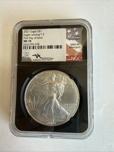 2021  LANDING T-2  AMERICAN SILVER EAGLE NGC MS70 SIGNED JOHN M. MERCNATI