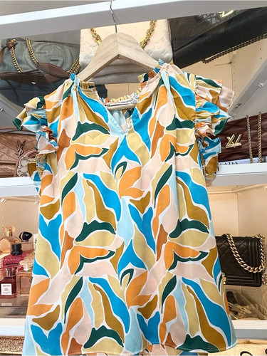 Willow & Root Boutique Colorful Abstract Ruffle Sleeve Blouse Blue Mustard Green