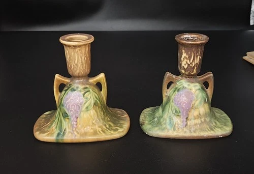 BEAUTIFUL - Roseville Wisteria Pattern pair of Tan Candlestick holders