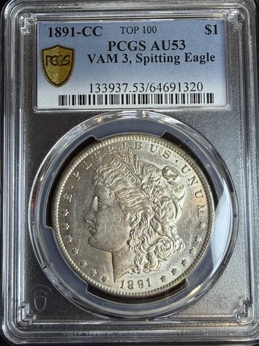 1891 CC Morgan Silver Dollar PCGS AU-53 VAM 3, Spitting Eagle