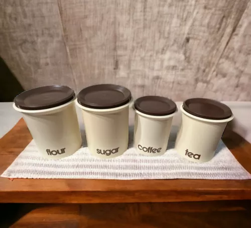 Canister Almond Chocolate Brown NOS Vtg Sterilite MCM 3pc Flour Coffee Tea