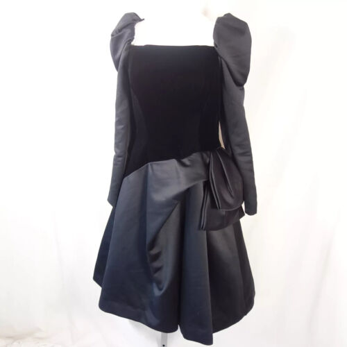 Vintage 80s Victor Costa Little Black dress velvet puff sleeve party cocktail 6 - Picture 2 of 10
