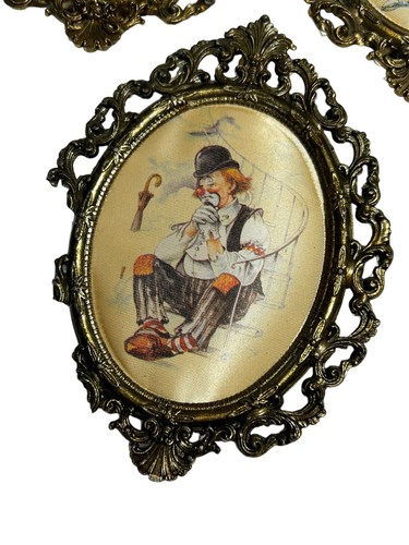 Vintage Italy Brass Framed Silk Satin Clown Print Lot - 1 Broken Frame - Picture 4 of 10